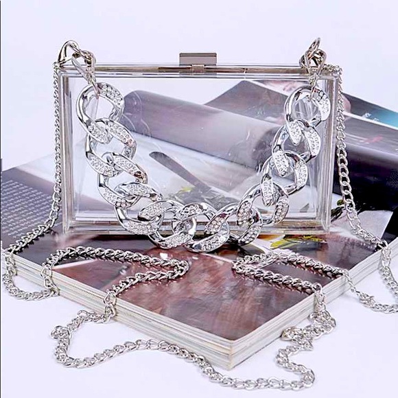 Handbags - Crystal Chunky Chain Silver/Clear Box Clutch Handbag